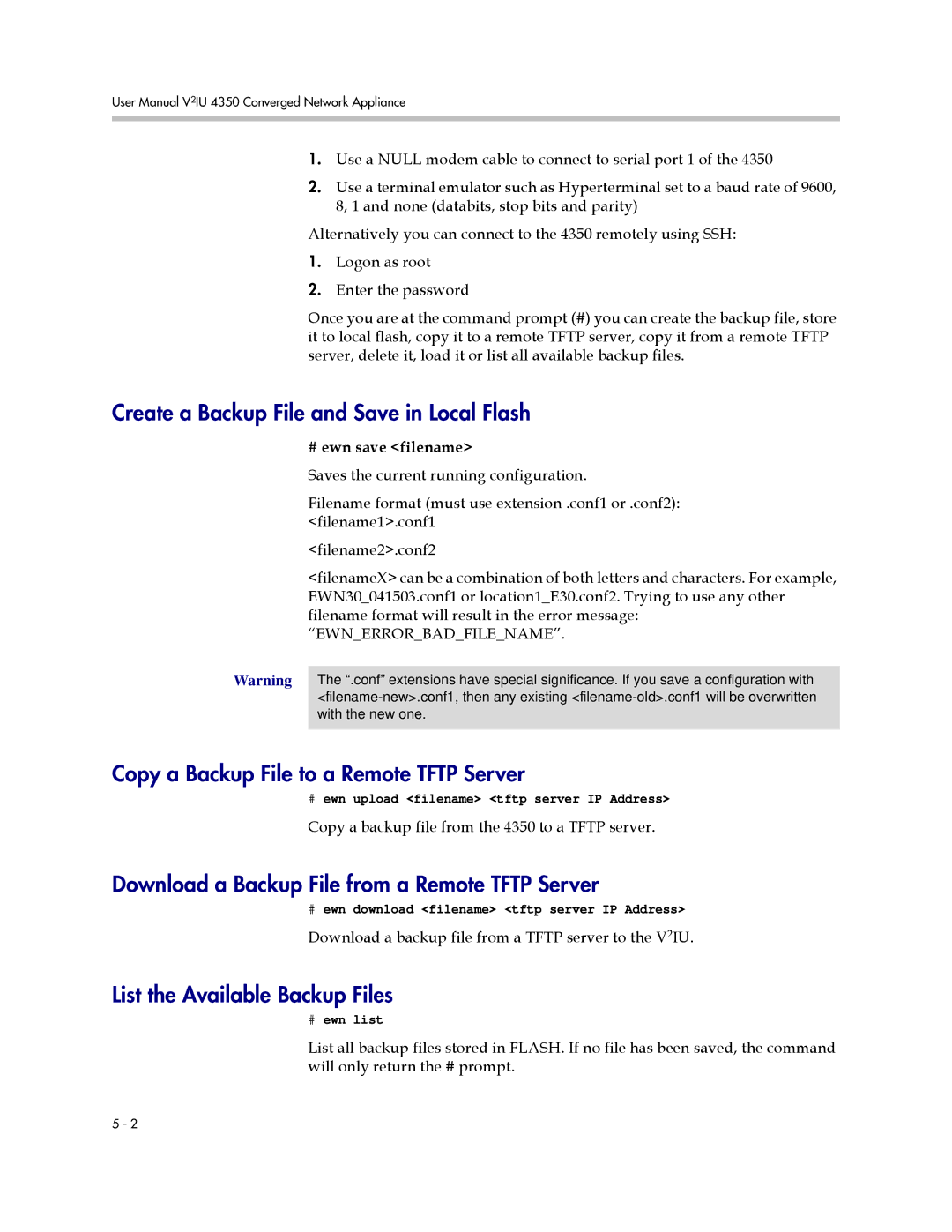 Polycom V2IU 4350 user manual Create a Backup File and Save in Local Flash, Copy a Backup File to a Remote Tftp Server 