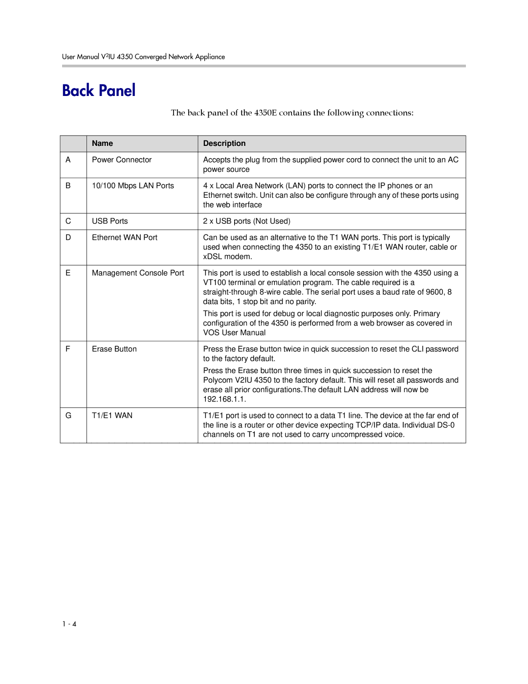 Polycom V2IU 4350 user manual Back Panel, Back panel of the 4350E contains the following connections 