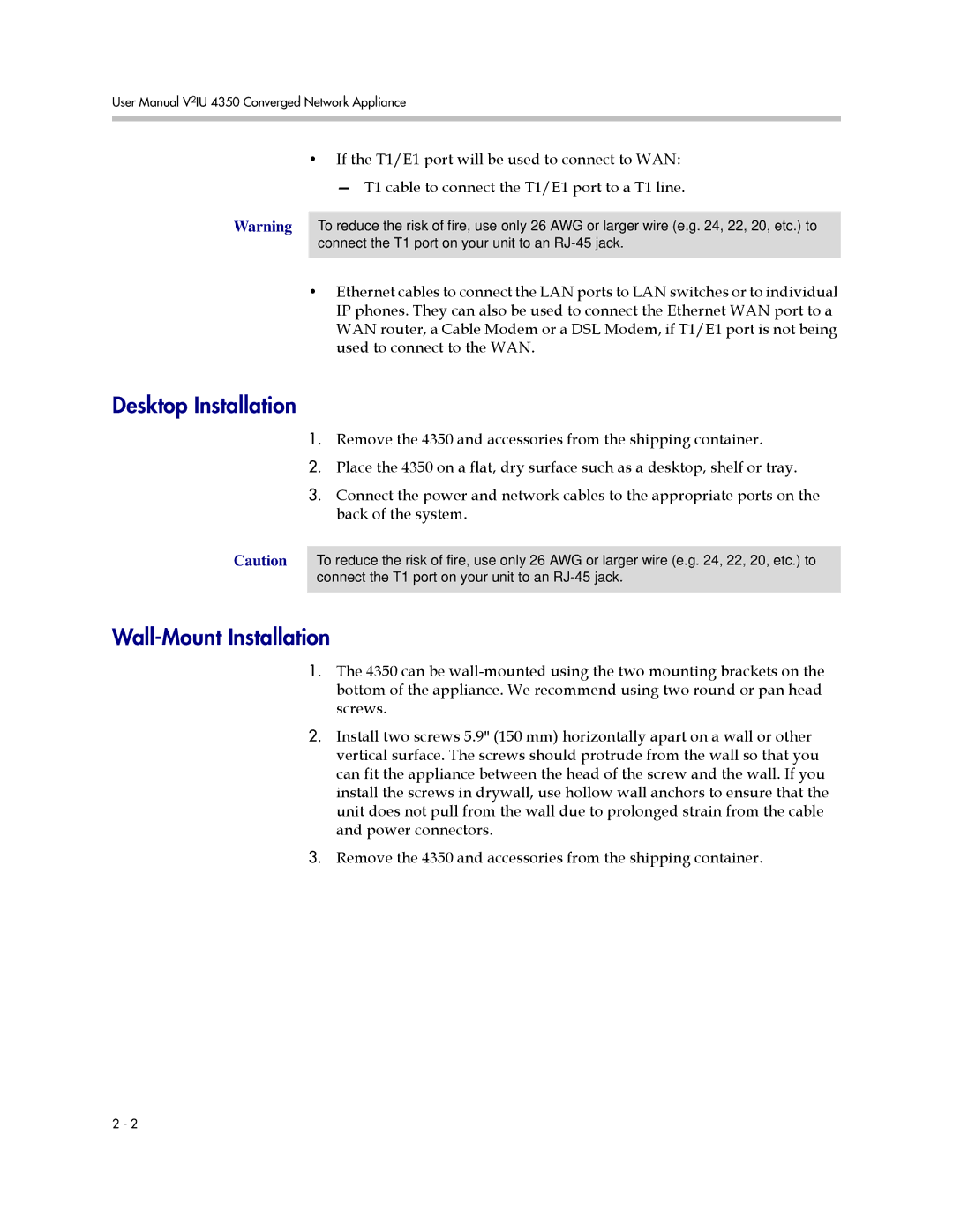 Polycom V2IU 4350 user manual Desktop Installation, Wall-Mount Installation 