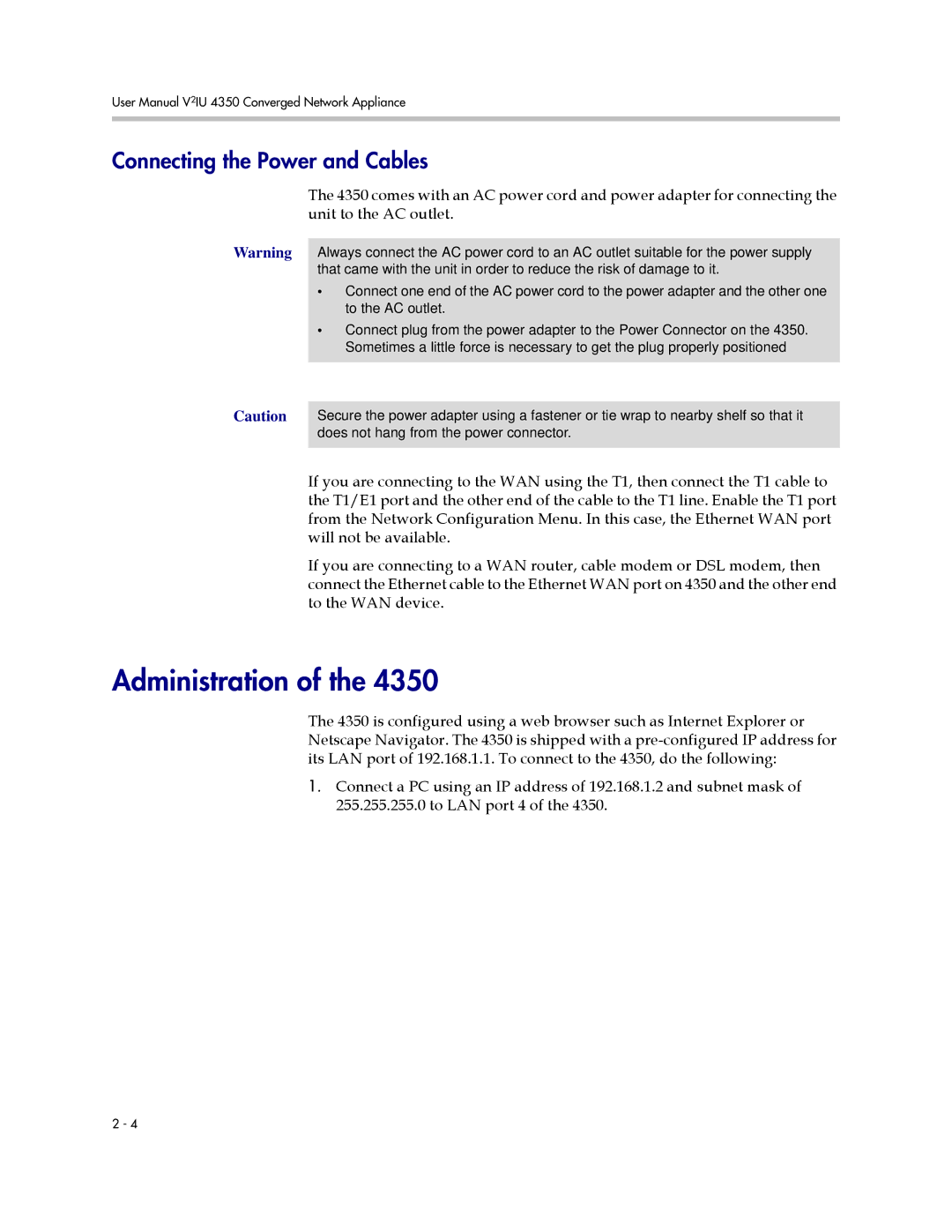 Polycom V2IU 4350 user manual Administration, Connecting the Power and Cables 