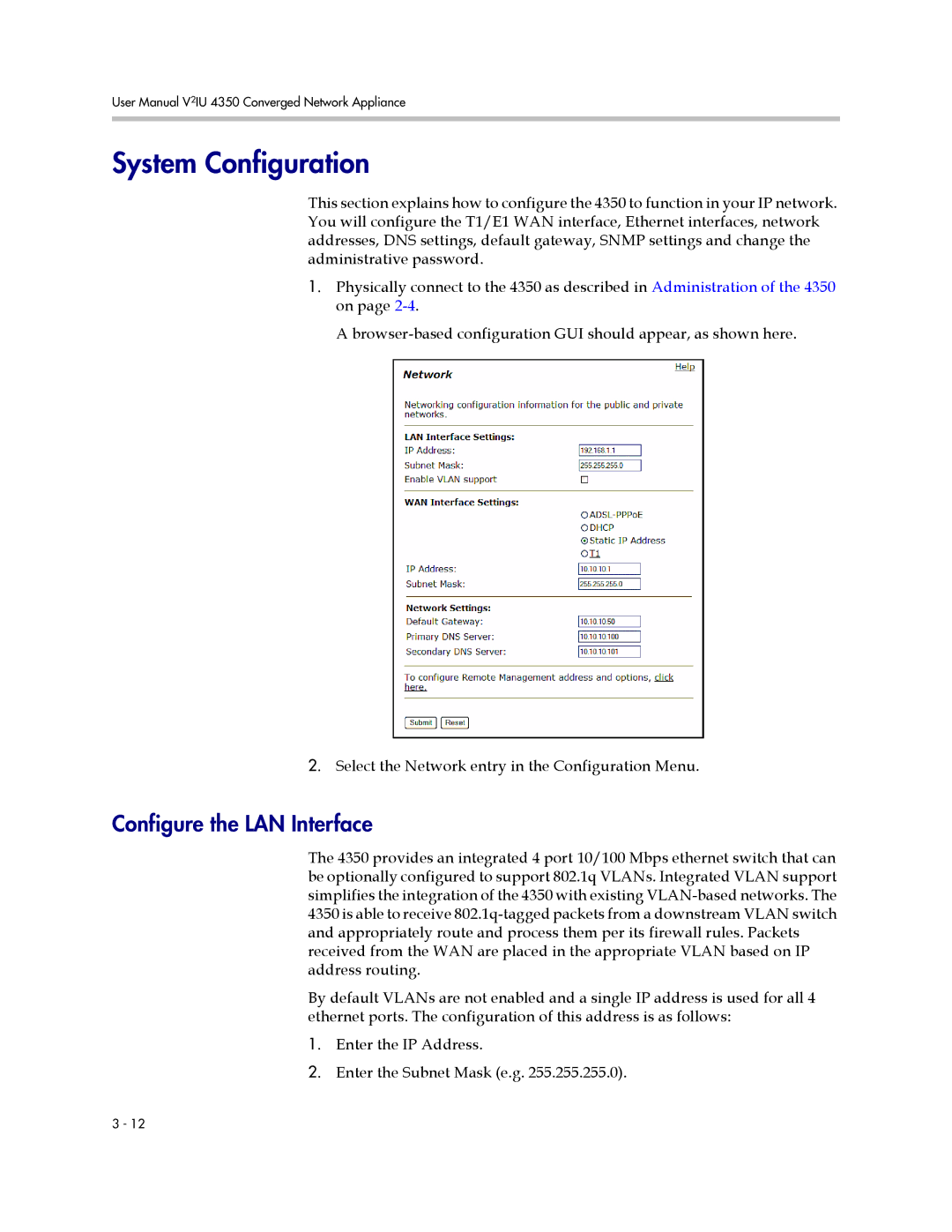 Polycom V2IU 4350 user manual System Configuration, Configure the LAN Interface 