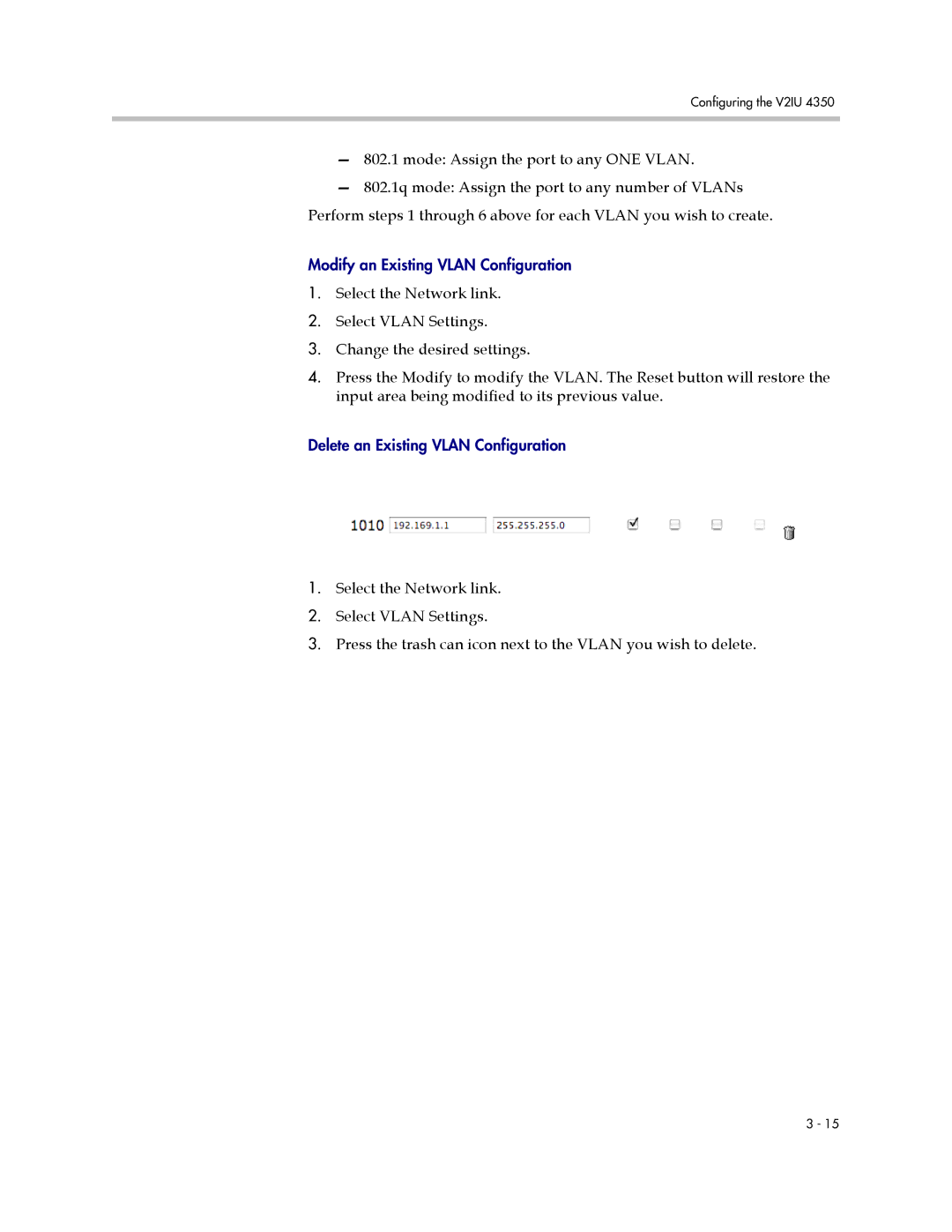 Polycom V2IU 4350 user manual Modify an Existing Vlan Configuration 