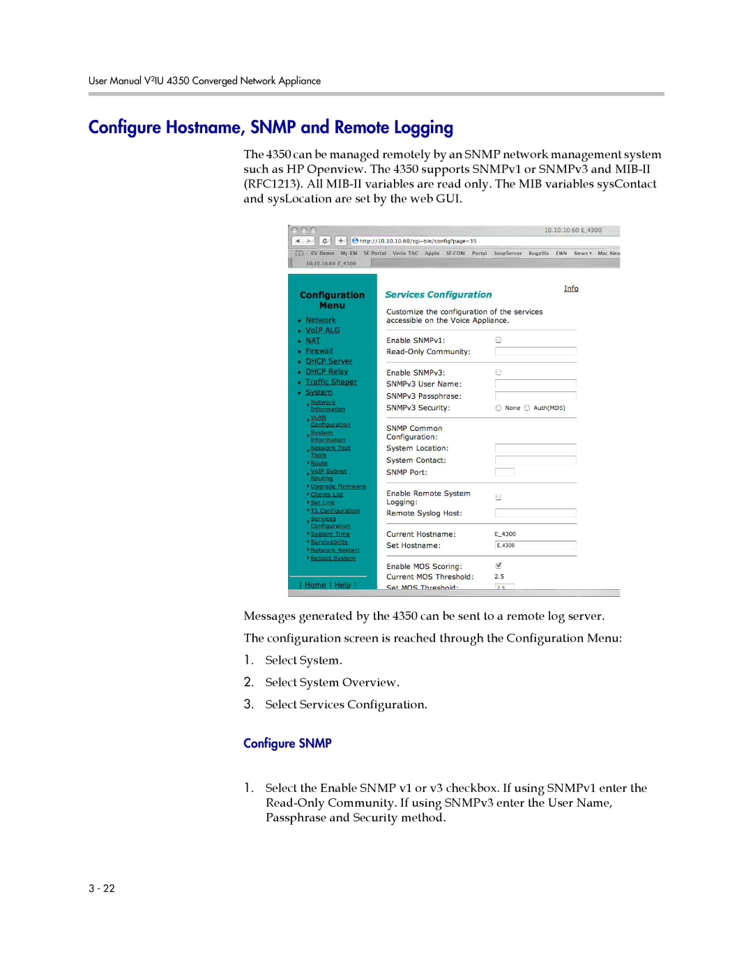 Polycom V2IU 4350 user manual Configure Hostname, Snmp and Remote Logging 