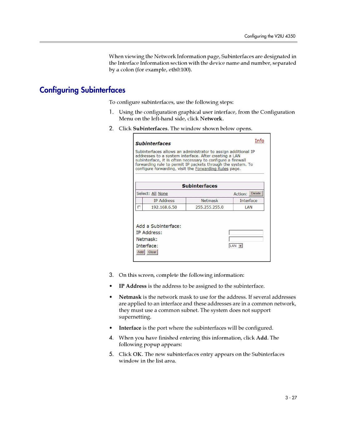 Polycom V2IU 4350 user manual Configuring Subinterfaces 