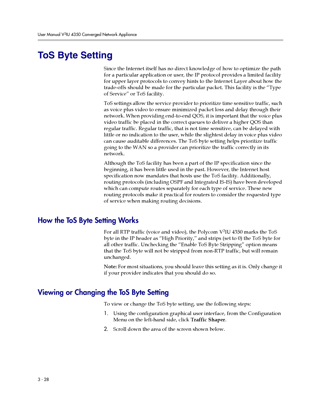 Polycom V2IU 4350 user manual How the ToS Byte Setting Works, Viewing or Changing the ToS Byte Setting 