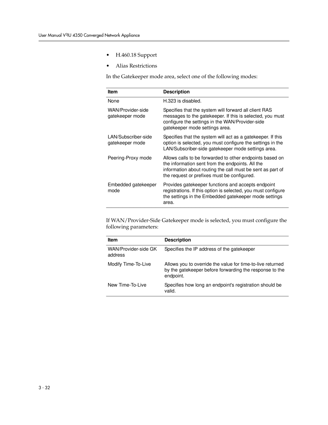 Polycom V2IU 4350 user manual Settings in the Embedded gatekeeper mode settings 