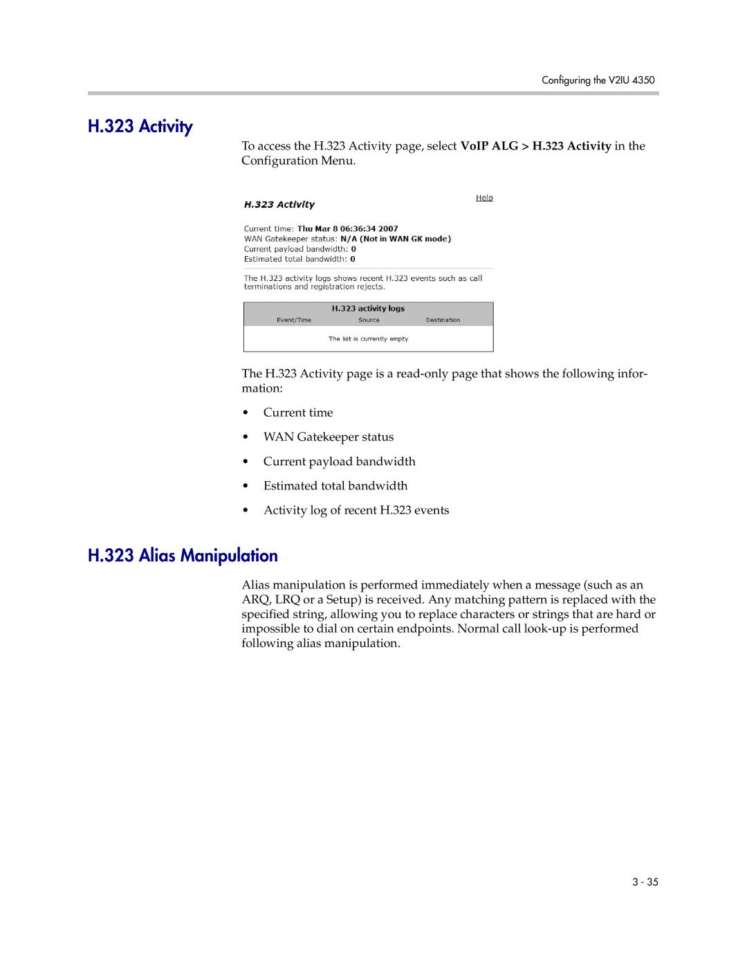 Polycom V2IU 4350 user manual Activity, Alias Manipulation 