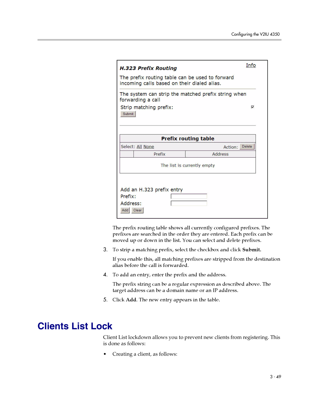 Polycom V2IU 4350 user manual Clients List Lock 