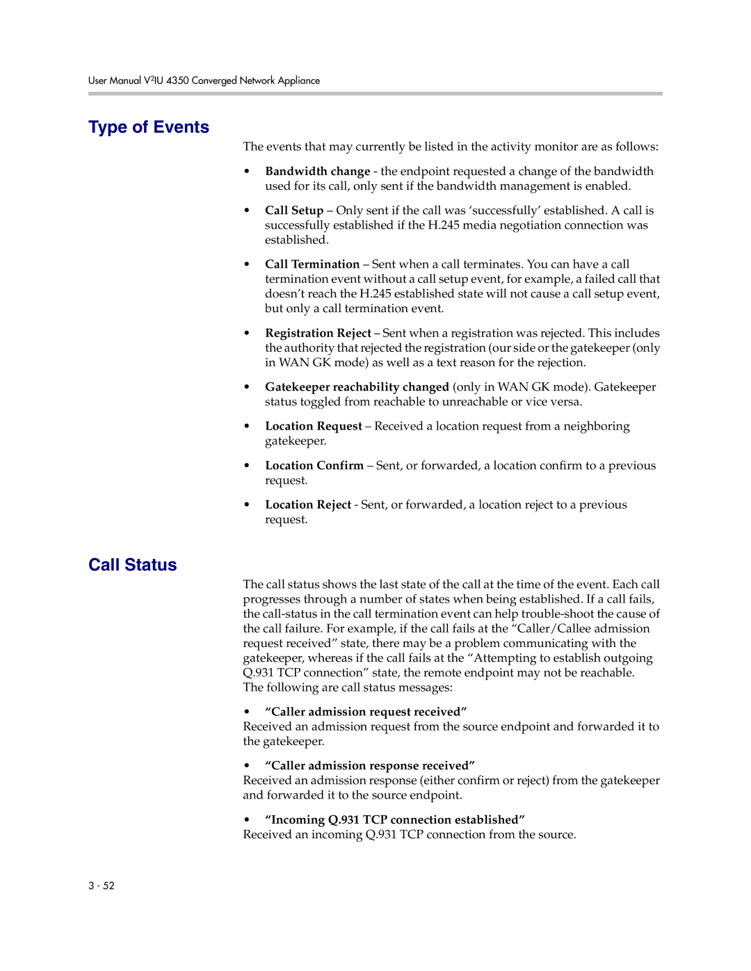 Polycom V2IU 4350 user manual Type of Events 