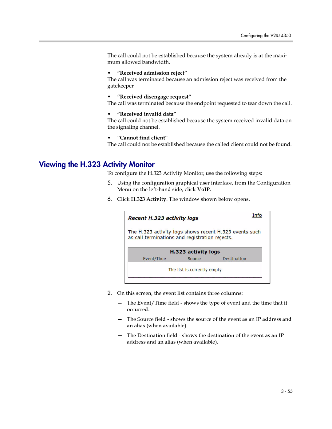 Polycom V2IU 4350 user manual Viewing the H.323 Activity Monitor, Received invalid data 