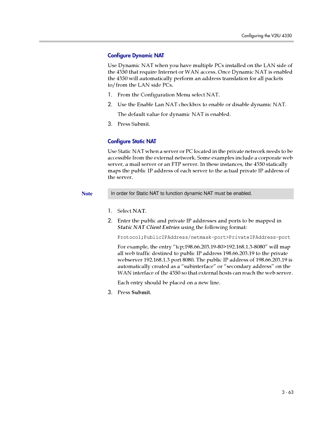 Polycom V2IU 4350 user manual ProtocolPublicIPAddress/netmask-portPrivateIPAddress-port 