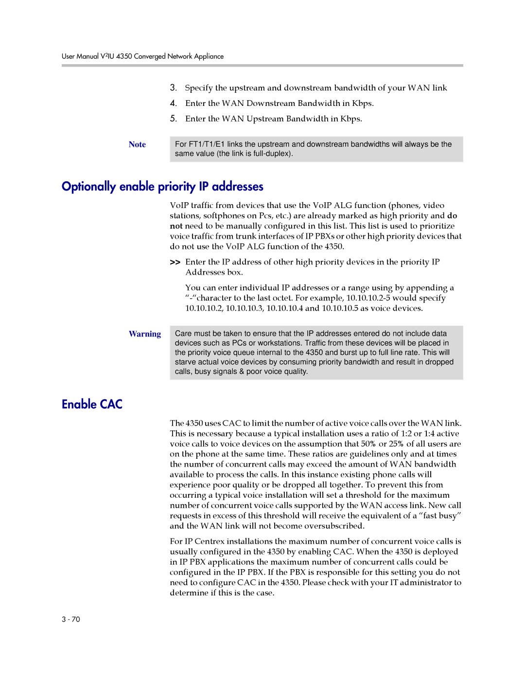 Polycom V2IU 4350 user manual Optionally enable priority IP addresses, Enable CAC 