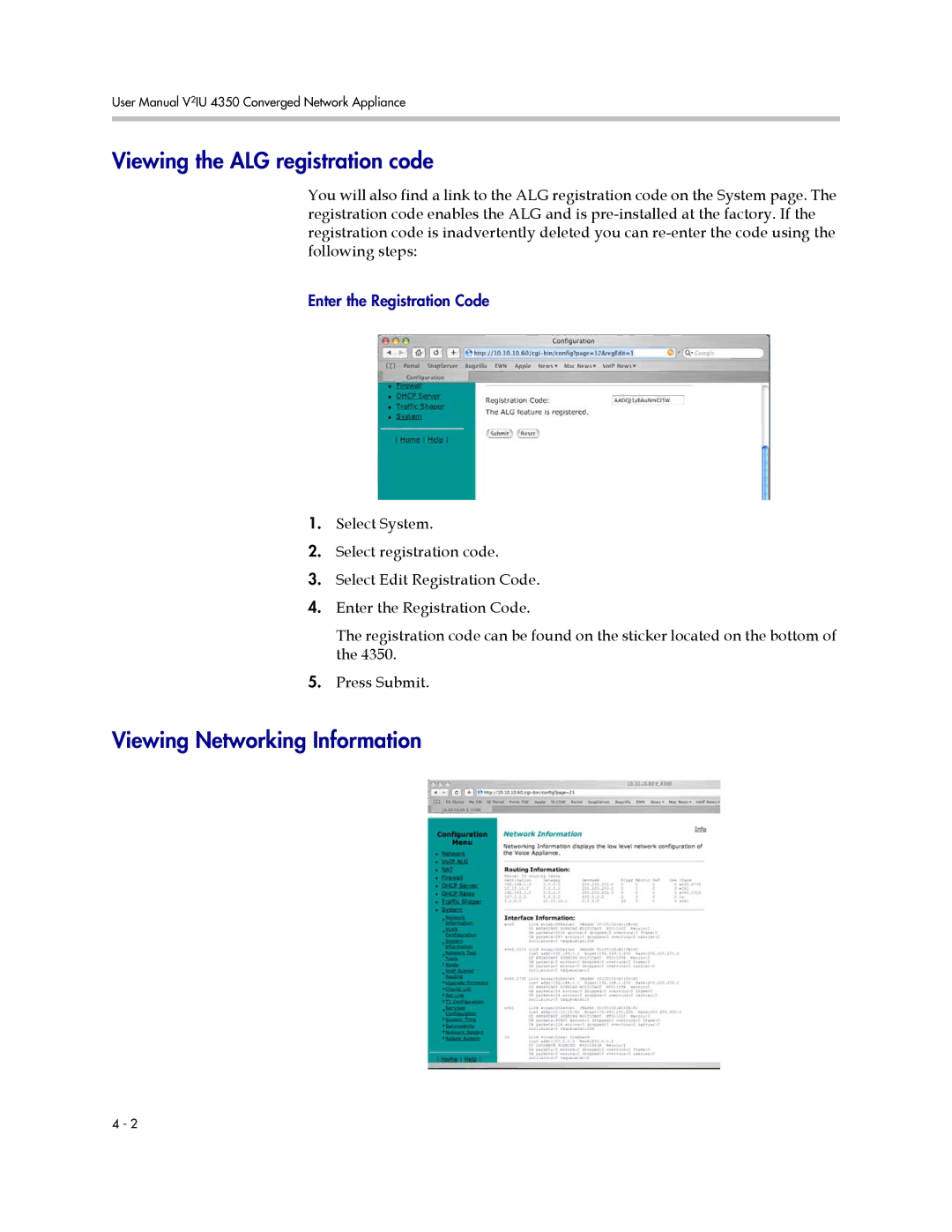 Polycom V2IU 4350 user manual Viewing the ALG registration code, Viewing Networking Information 