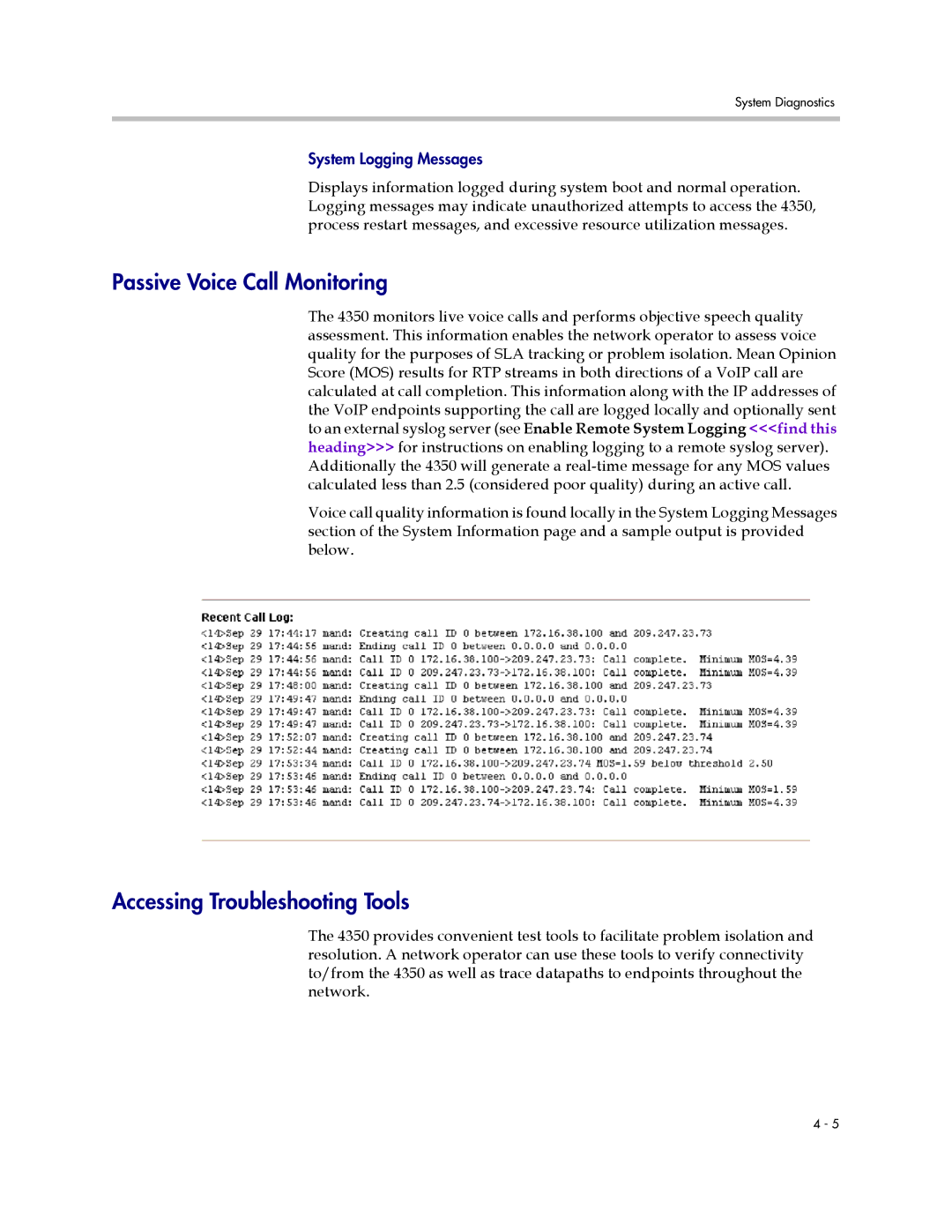 Polycom V2IU 4350 user manual Passive Voice Call Monitoring, Accessing Troubleshooting Tools 