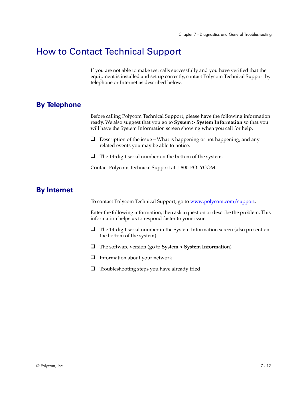 Polycom V500 manual How to Contact Technical Support, By Telephone, By Internet 