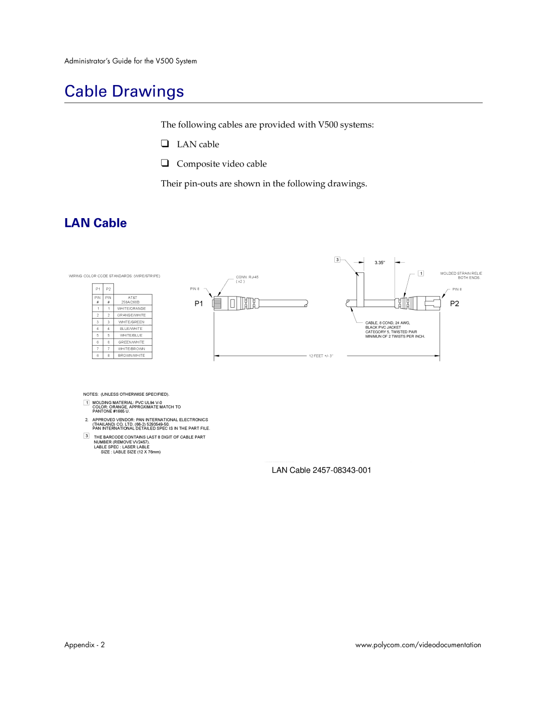 Polycom V500 manual Cable Drawings, LAN Cable 