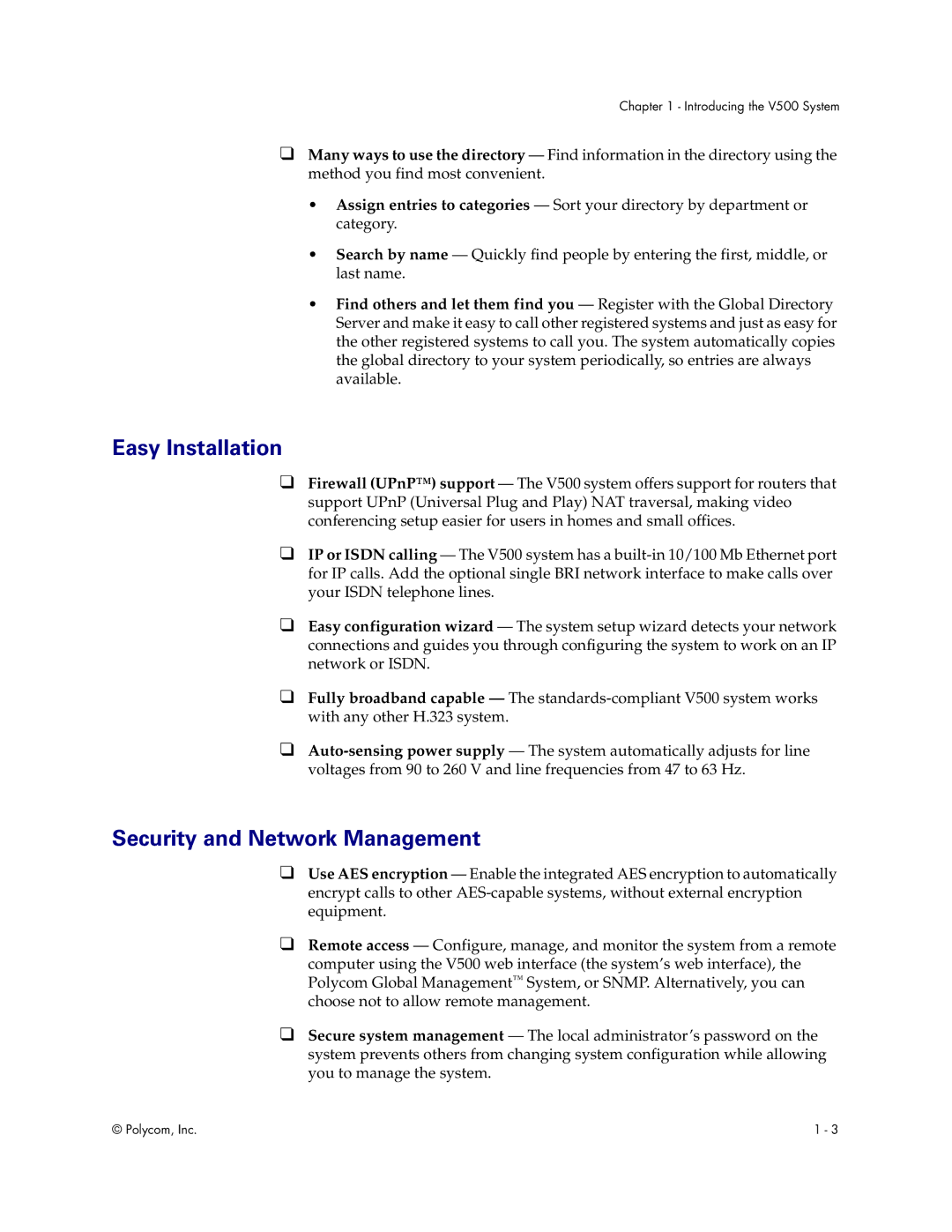 Polycom V500 manual Easy Installation, Security and Network Management 