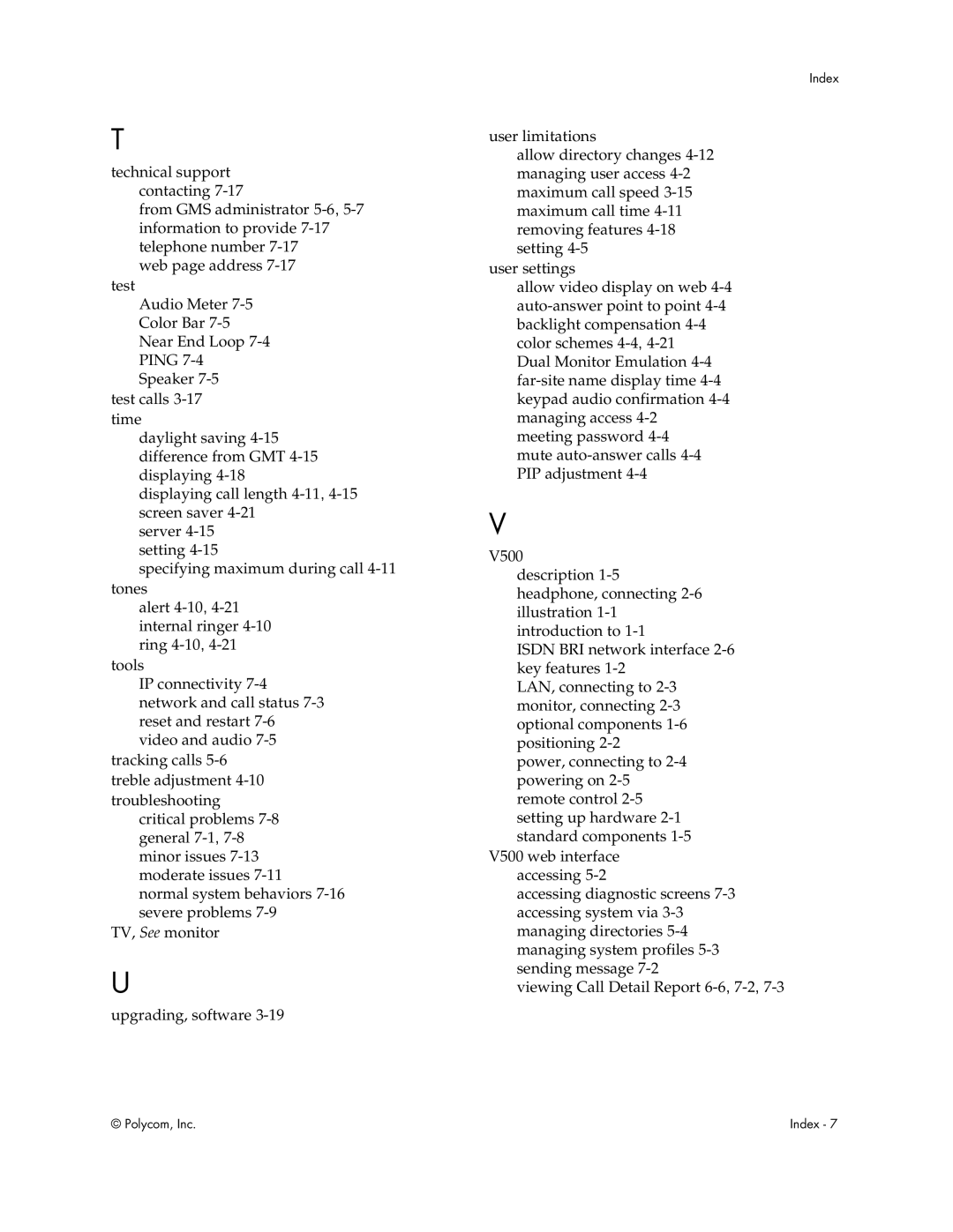 Polycom V500 manual Index 