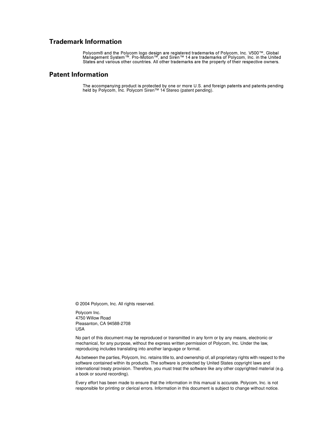 Polycom V500 manual Trademark Information 