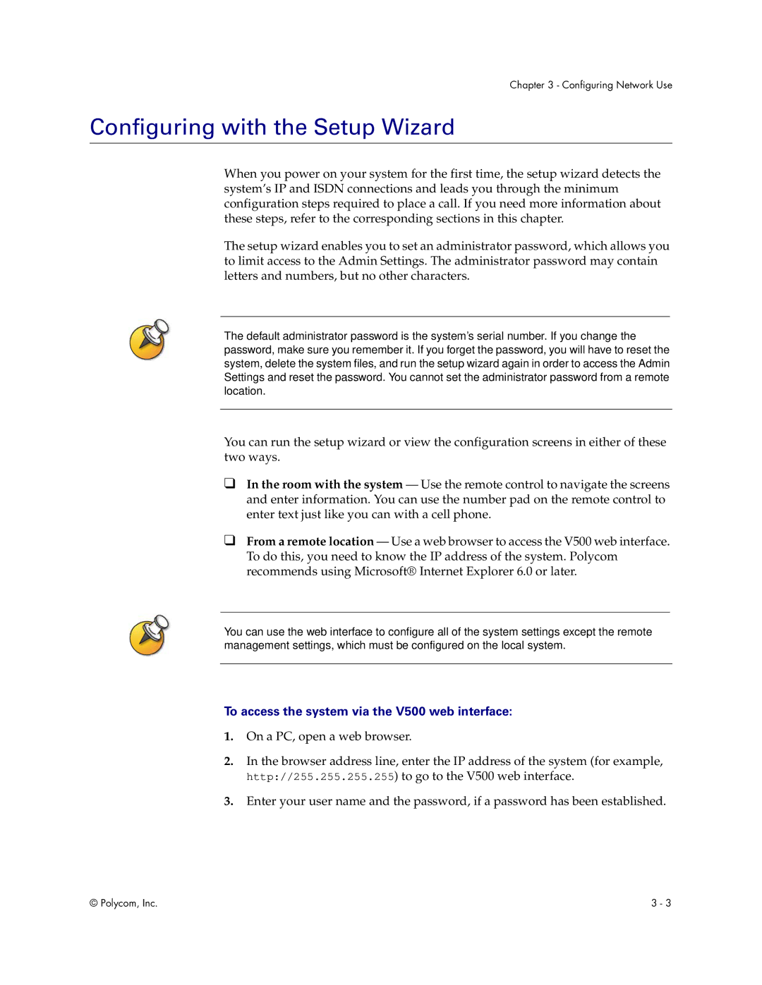 Polycom manual Configuring with the Setup Wizard, To access the system via the V500 web interface 