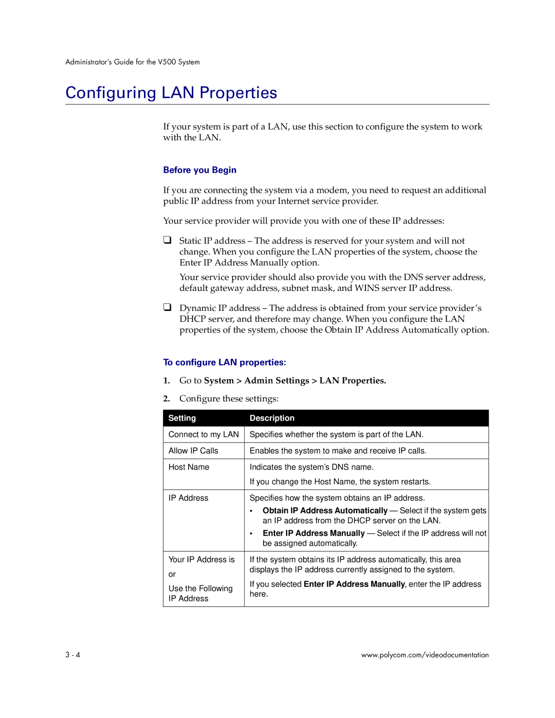 Polycom V500 manual Configuring LAN Properties, Before you Begin, To configure LAN properties, Setting Description 