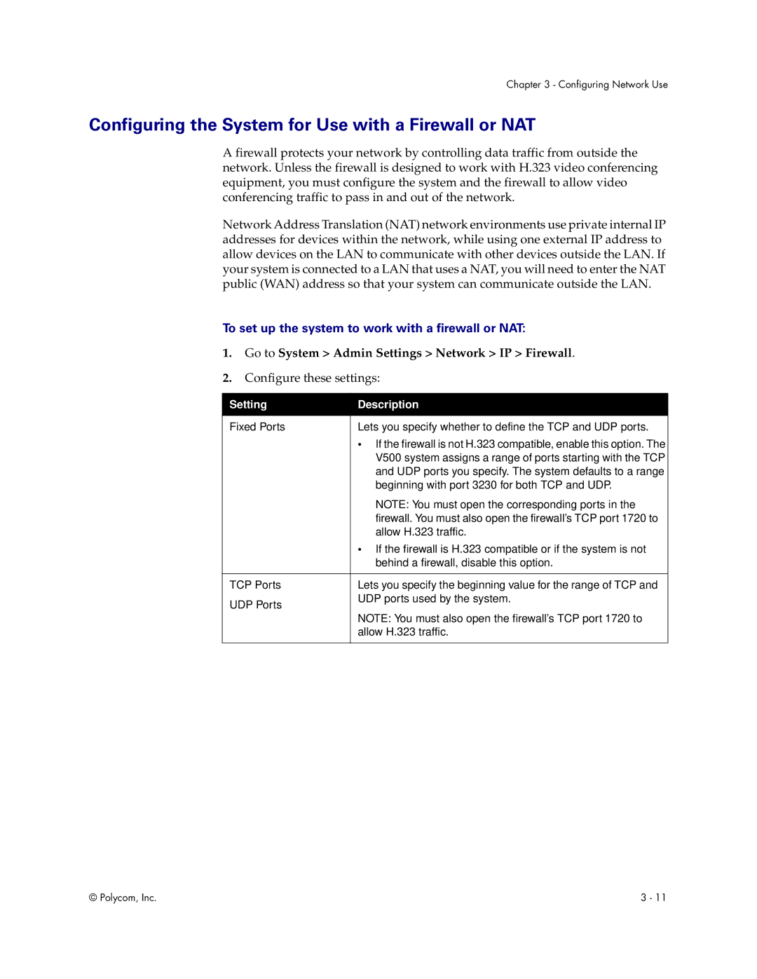 Polycom V500 Configuring the System for Use with a Firewall or NAT, To set up the system to work with a firewall or NAT 