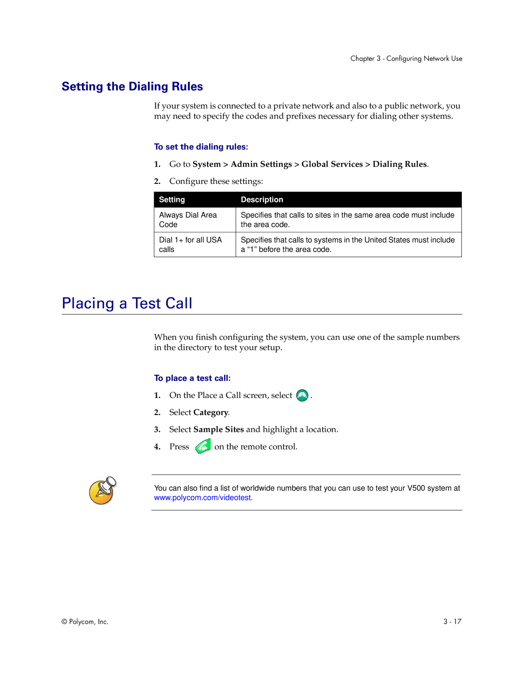 Polycom V500 manual Placing a Test Call, Setting the Dialing Rules, To set the dialing rules, To place a test call 
