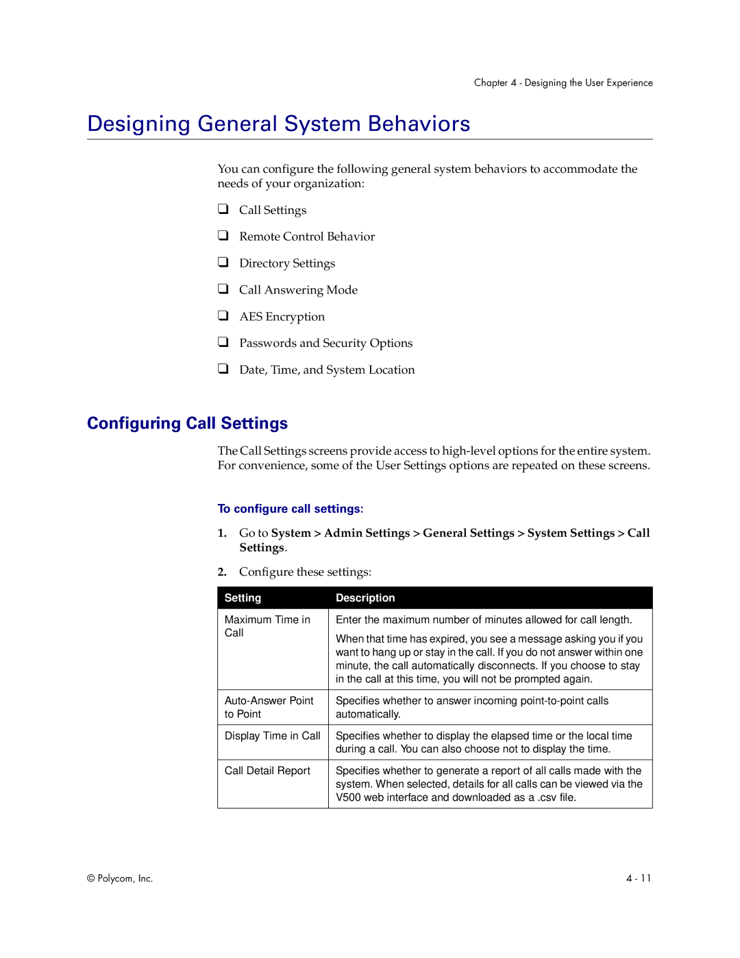 Polycom V500 manual Designing General System Behaviors, Configuring Call Settings, To configure call settings 