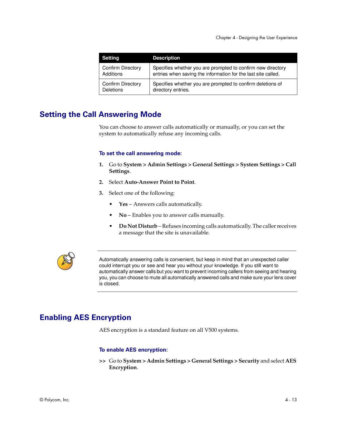 Polycom V500 manual Setting the Call Answering Mode, Enabling AES Encryption, To set the call answering mode 