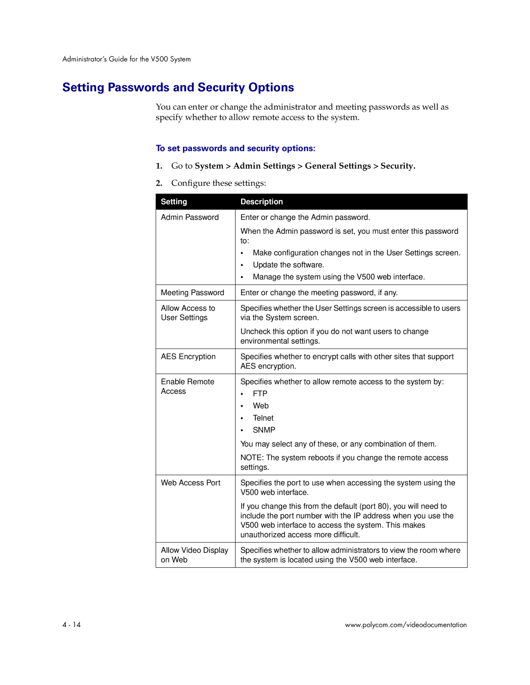 Polycom V500 manual Setting Passwords and Security Options, To set passwords and security options 