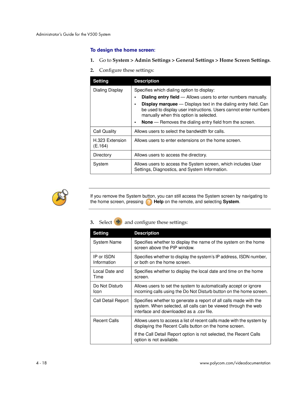 Polycom V500 manual To design the home screen, Setting Description 