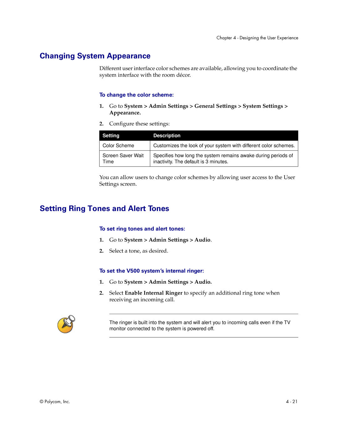 Polycom V500 manual Changing System Appearance, Setting Ring Tones and Alert Tones, To change the color scheme 