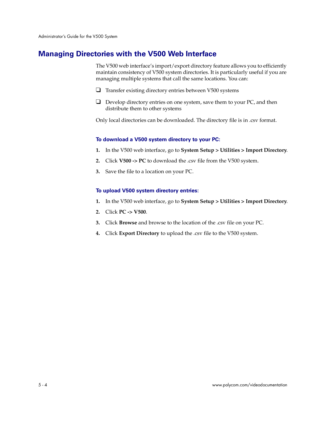 Polycom manual Managing Directories with the V500 Web Interface, To download a V500 system directory to your PC 