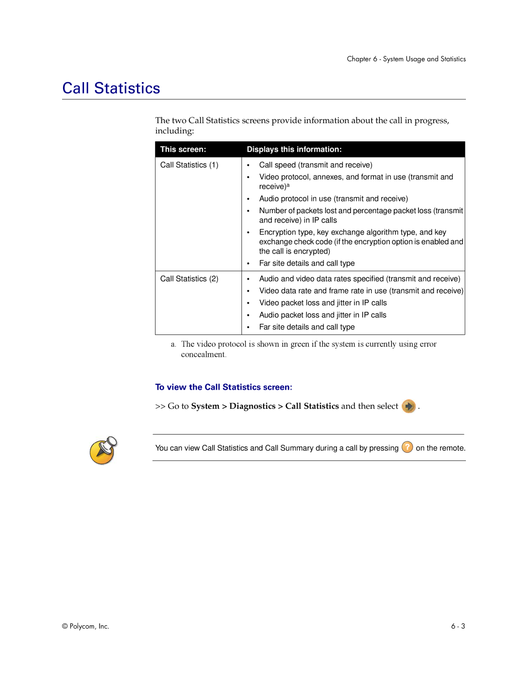 Polycom V500 manual To view the Call Statistics screen, Go to System Diagnostics Call Statistics and then select 