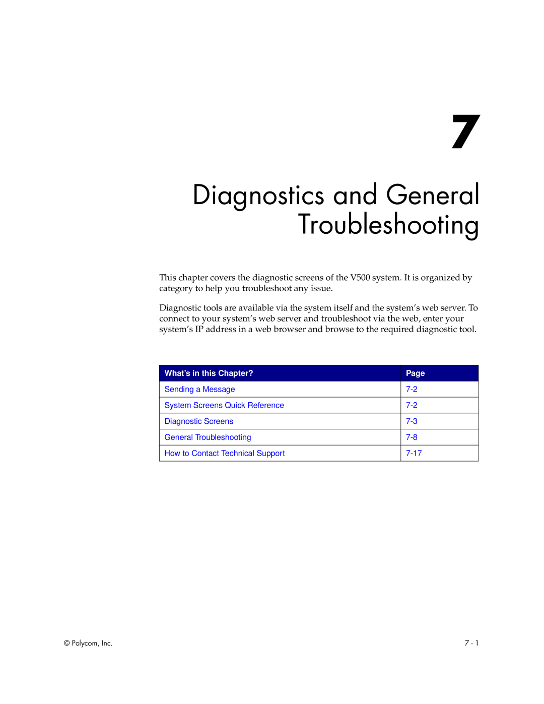 Polycom V500 manual Diagnostics and General Troubleshooting, What’s in this Chapter? 