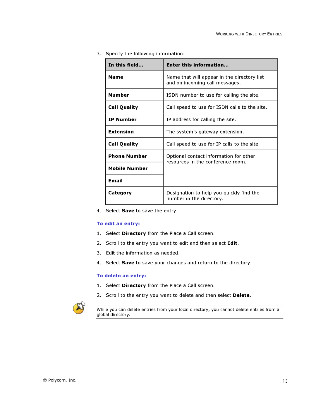 Polycom V500 manual To edit an entry, To delete an entry 