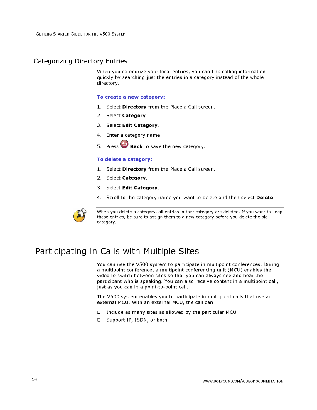 Polycom V500 manual Participating in Calls with Multiple Sites, Categorizing Directory Entries, To create a new category 