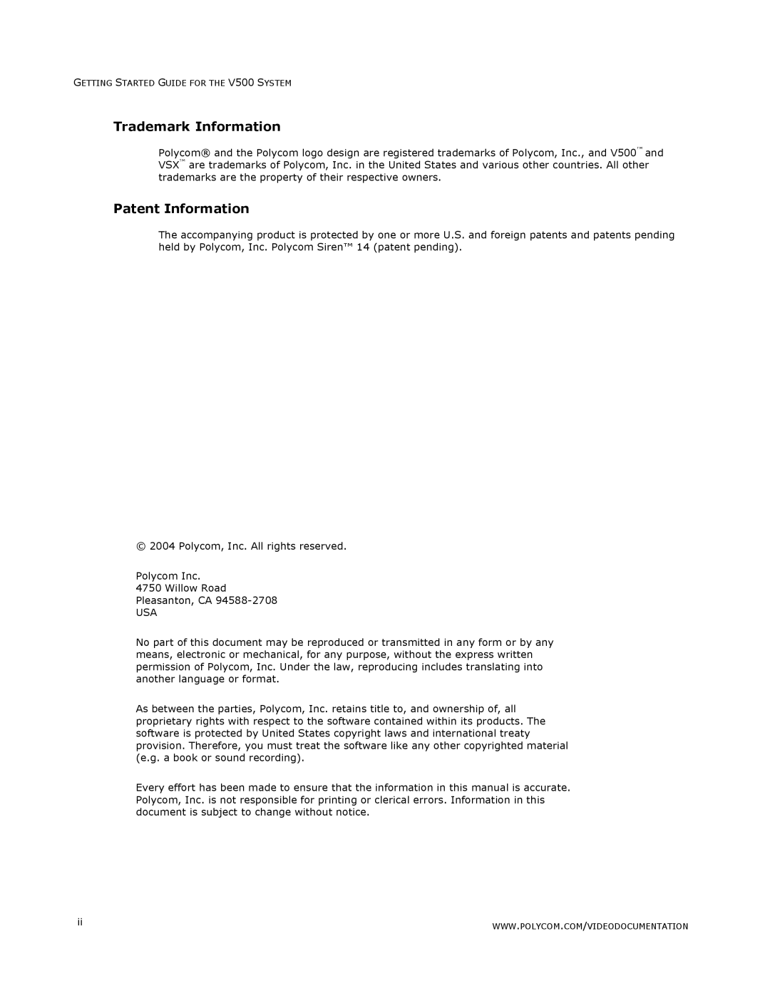 Polycom V500 manual Trademark Information, Patent Information 