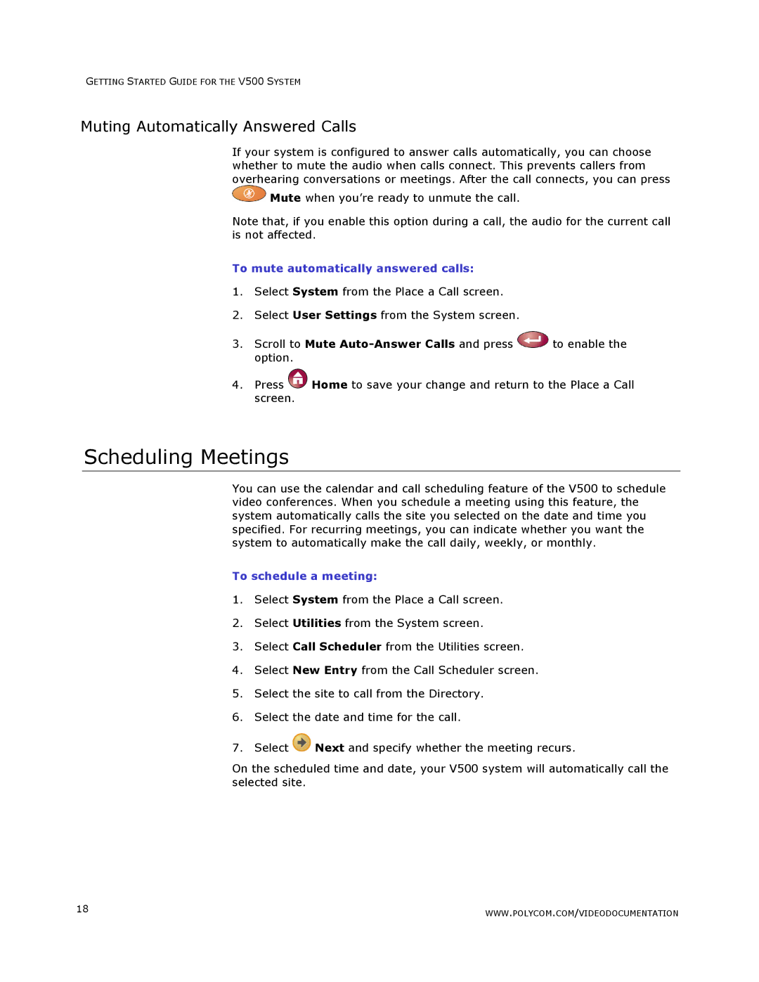 Polycom V500 manual Scheduling Meetings, Muting Automatically Answered Calls, To mute automatically answered calls 