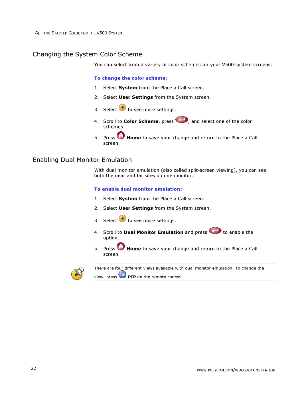 Polycom V500 manual Changing the System Color Scheme, Enabling Dual Monitor Emulation, To change the color scheme 