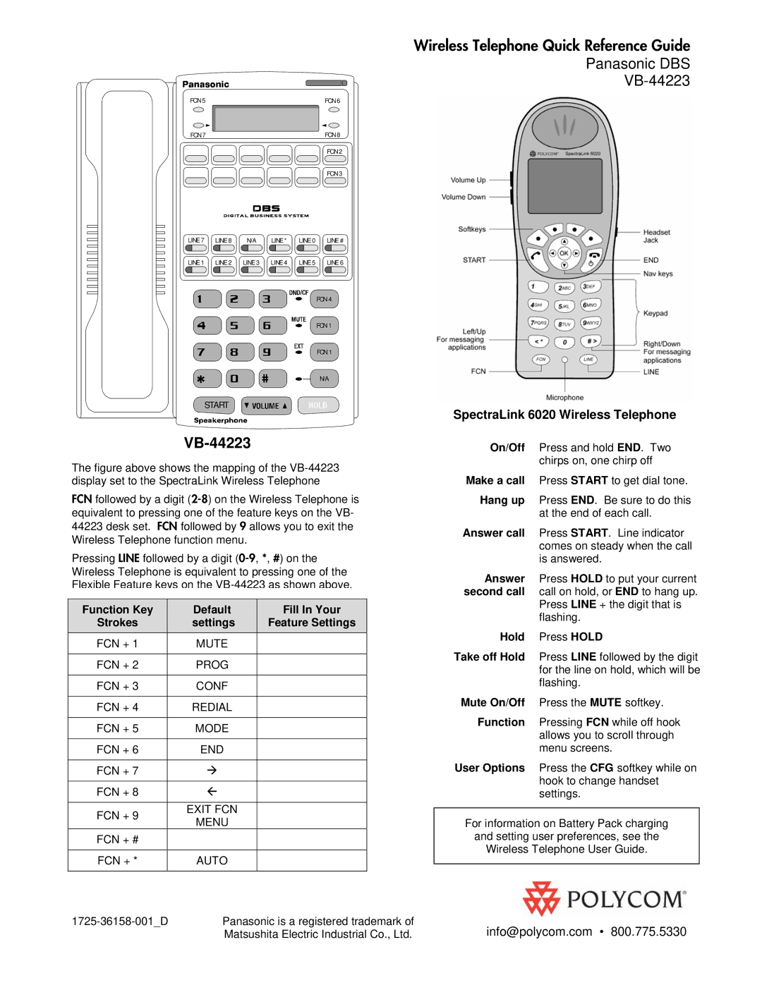 Polycom VB-44223 manual SpectraLink 6020 Wireless Telephone, Function Key Default Fill In Your, Settings Feature Settings 