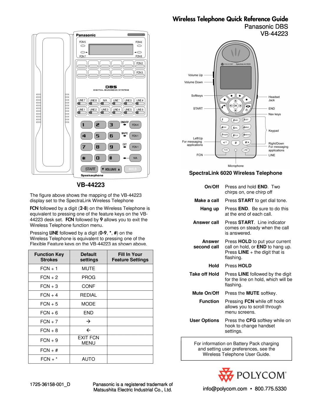 Polycom manual Wireless Telephone Quick Reference Guide Panasonic DBS VB-44223, SpectraLink 6020 Wireless Telephone 