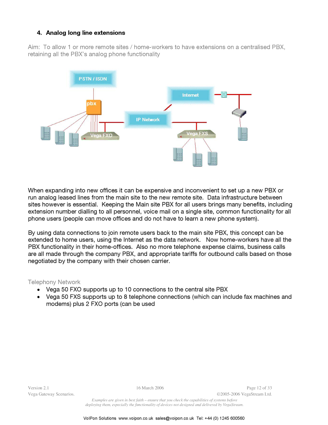 Polycom Vega Gateway appendix Analog long line extensions, Telephony Network 