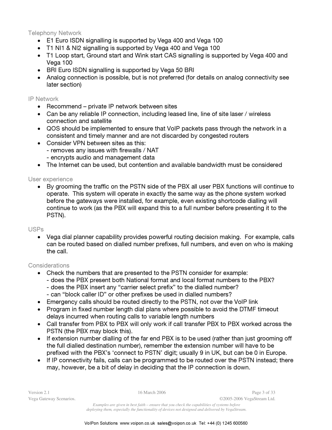 Polycom Vega Gateway appendix Telephony Network, IP Network, User experience, USPs, Considerations 