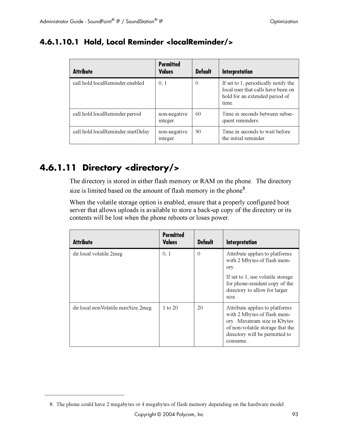 Polycom Version 1.4.x 17 manual Directory directory, Hold, Local Reminder localReminder 