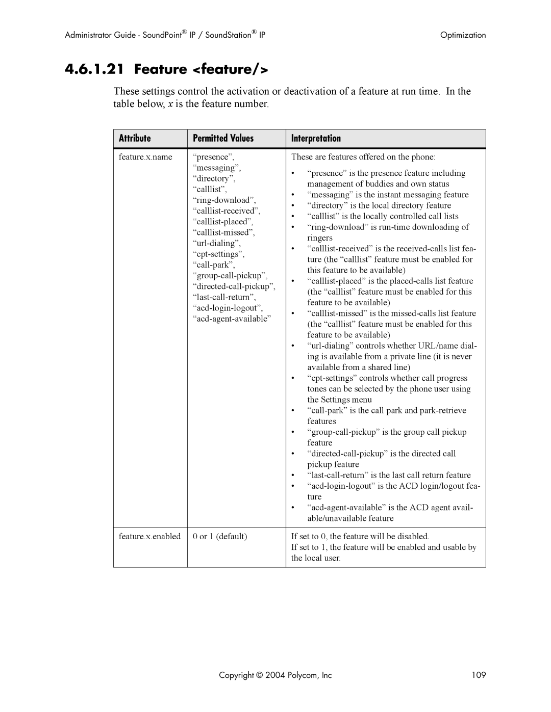 Polycom Version 1.4.x 17 manual Feature feature, Attribute Permitted Values Interpretation 