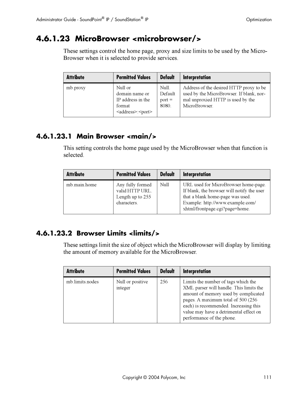 Polycom Version 1.4.x 17 manual MicroBrowser microbrowser, Main Browser main, Browser Limits limits, Default Interpretation 