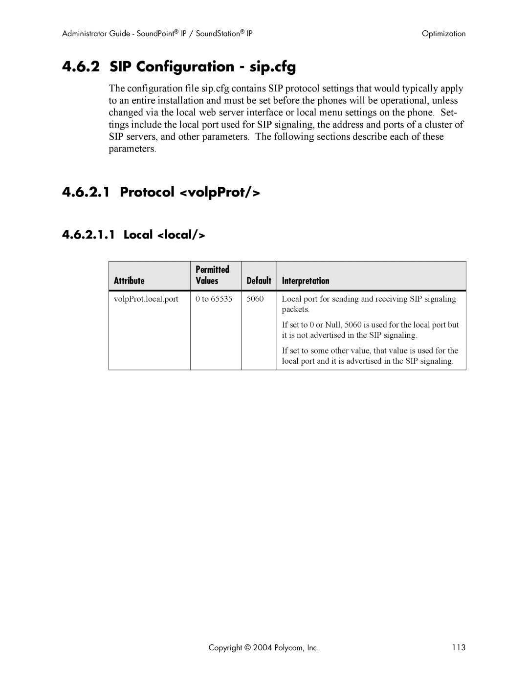 Polycom Version 1.4.x 17 manual SIP Configuration sip.cfg, Protocol volpProt, Local local, Attribute Permitted 