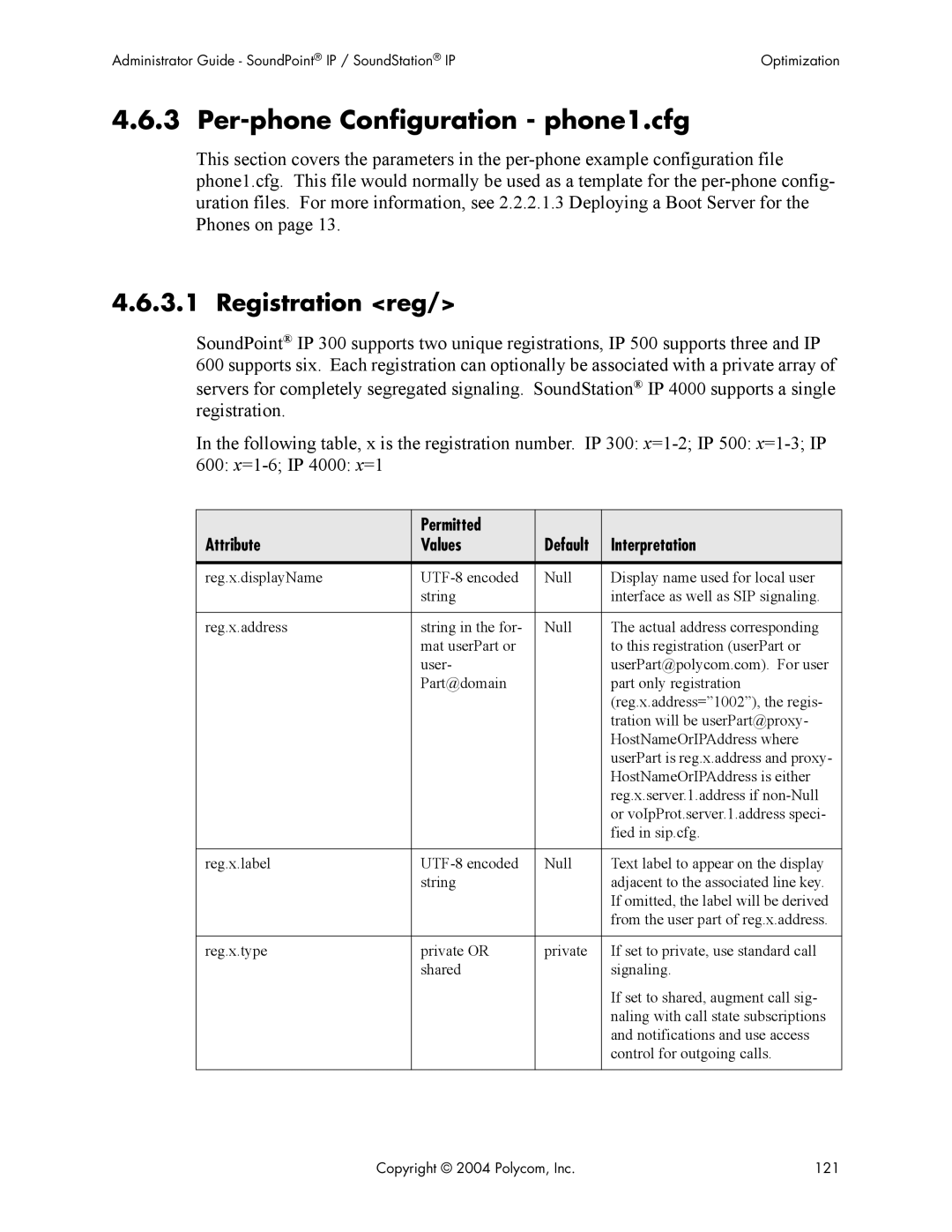 Polycom Version 1.4.x 17 manual Per-phone Configuration phone1.cfg, Registration reg 