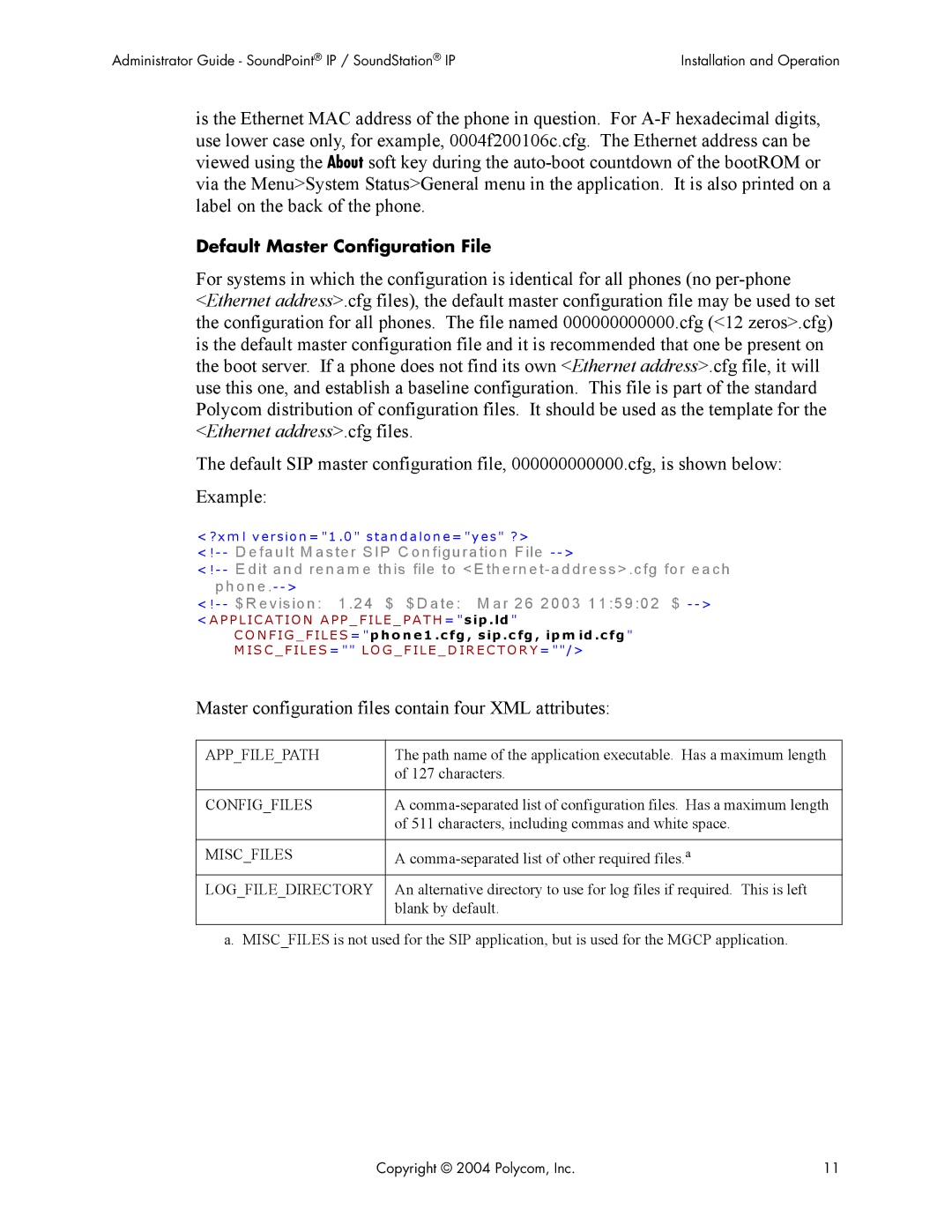 Polycom Version 1.4.x 17 manual Master configuration files contain four XML attributes, Default Master Configuration File 